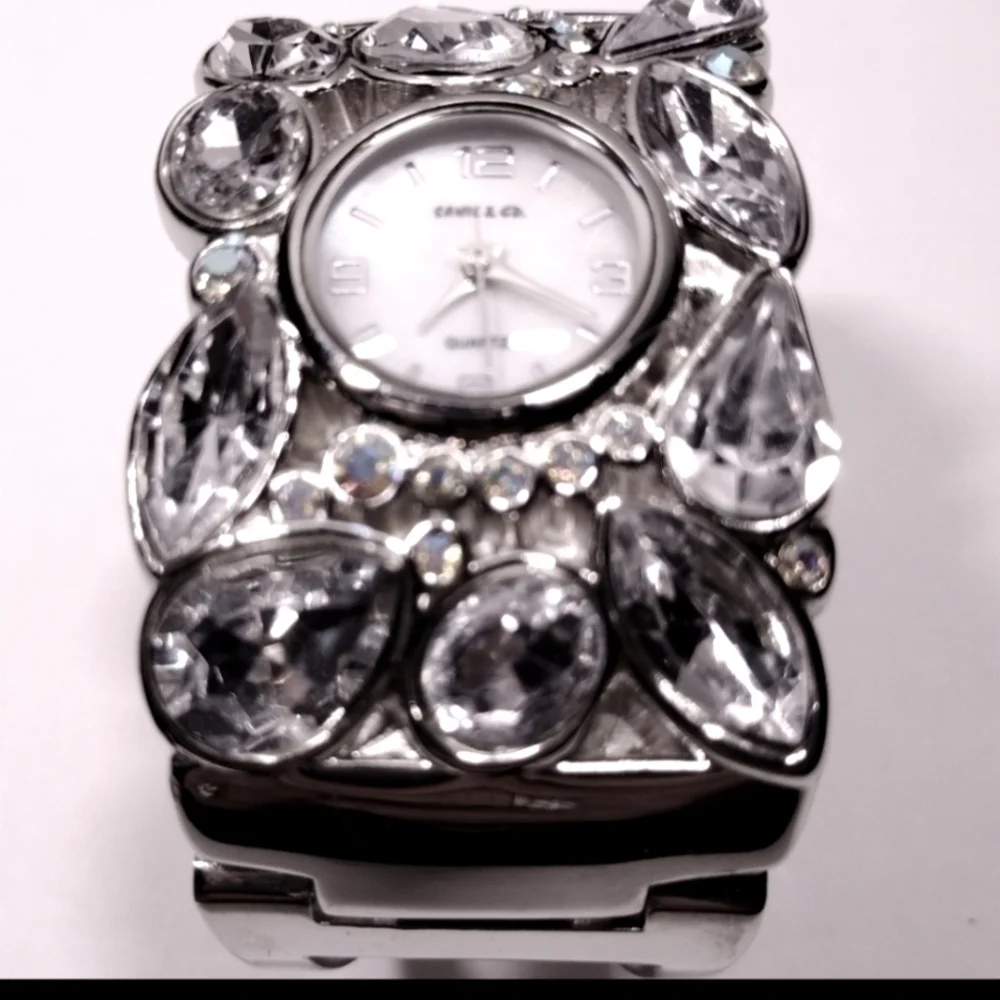 Sahil Rhinestone Quartz Cuff Watch Silver Tone NWOT